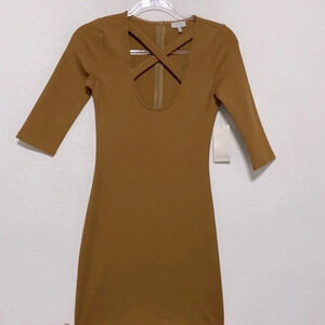 Tobi "NEW" Wheat Gold 3/4 Sleeve Bodycon Criss Cross Neckline Dress Size XS